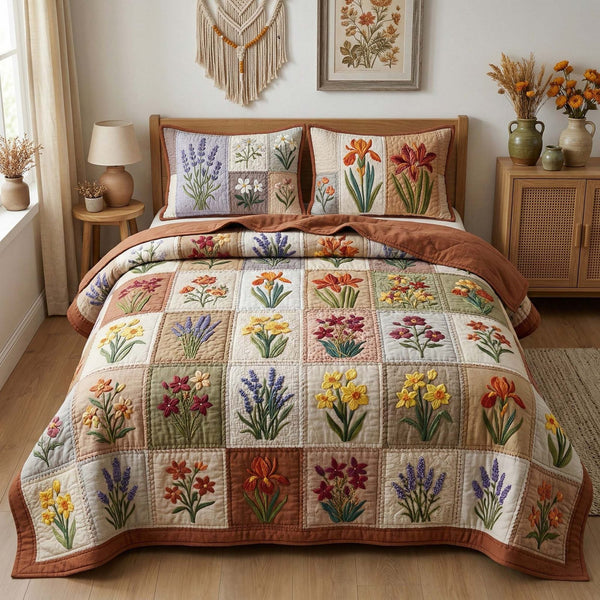 Wildflower Patchwork quilted 3-piece bedding set on a made bed in a farmhouse bedroom
