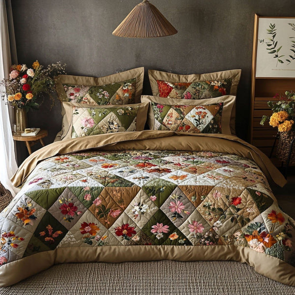 Wildflower Patchwork quilted 3-piece bedding set on a made bed in a farmhouse bedroom