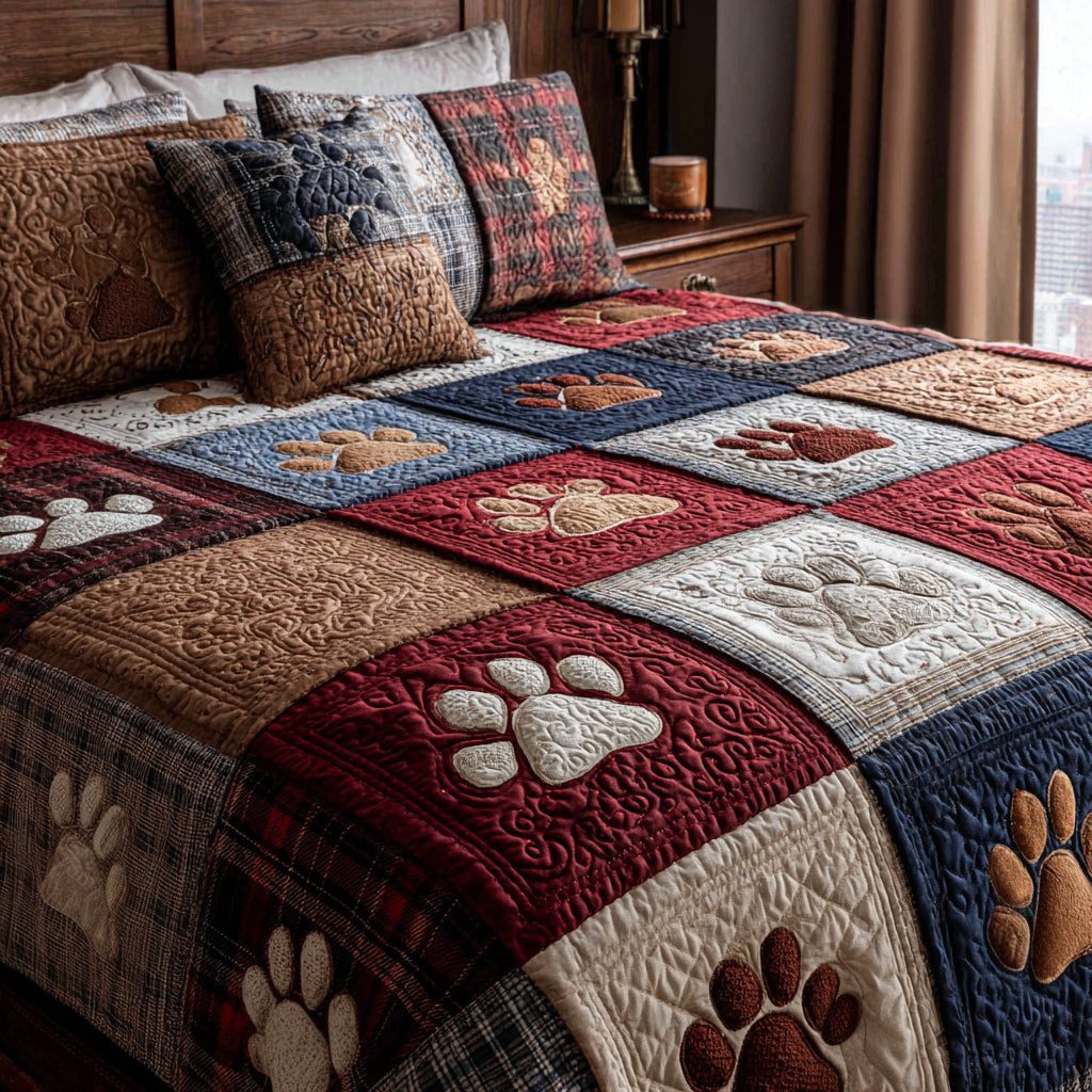 Wildflower Paws quilted 3-piece bedding set on a made bed with two matching pillow shams