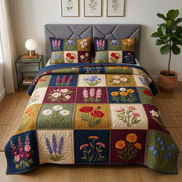 Wildflower Quilt quilted 3-piece bedding set on a made bed with two matching pillow shams