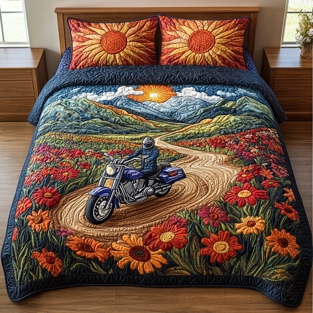 Wildflower Ride quilted 3-piece bedding set on a made bed with two matching pillow shams