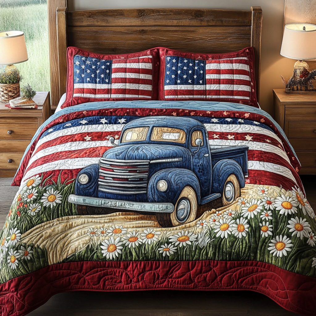 Wildflower Ride quilted 3-piece bedding set on a made bed with two matching pillow shams