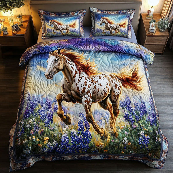 Wildflower Run quilted 3-piece bedding set on a made bed with two matching pillow shams