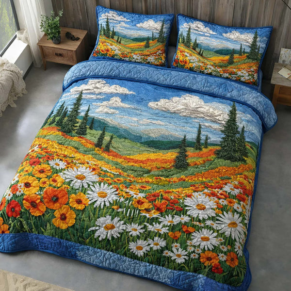 Wildflower Sky quilted 3-piece bedding set on a made bed with two matching pillow shams
