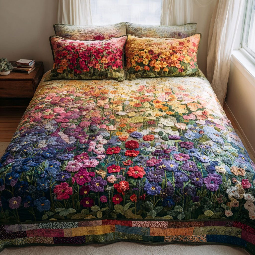 Wildflower Song quilted 3-piece bedding set on a made bed with two matching pillow shams