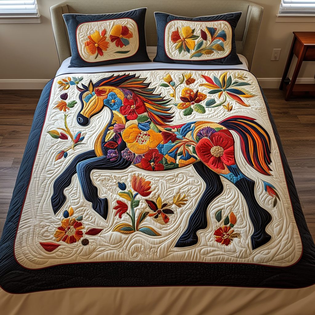 Wildflower Steed quilted 3-piece bedding set on a made bed with two matching pillow shams