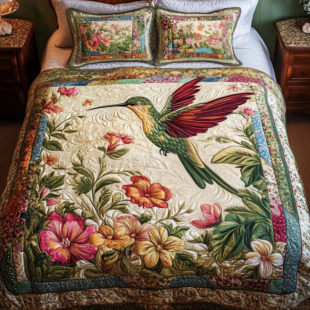 Wildflower Symphony quilted 3-piece bedding set on a made bed with two matching pillow shams