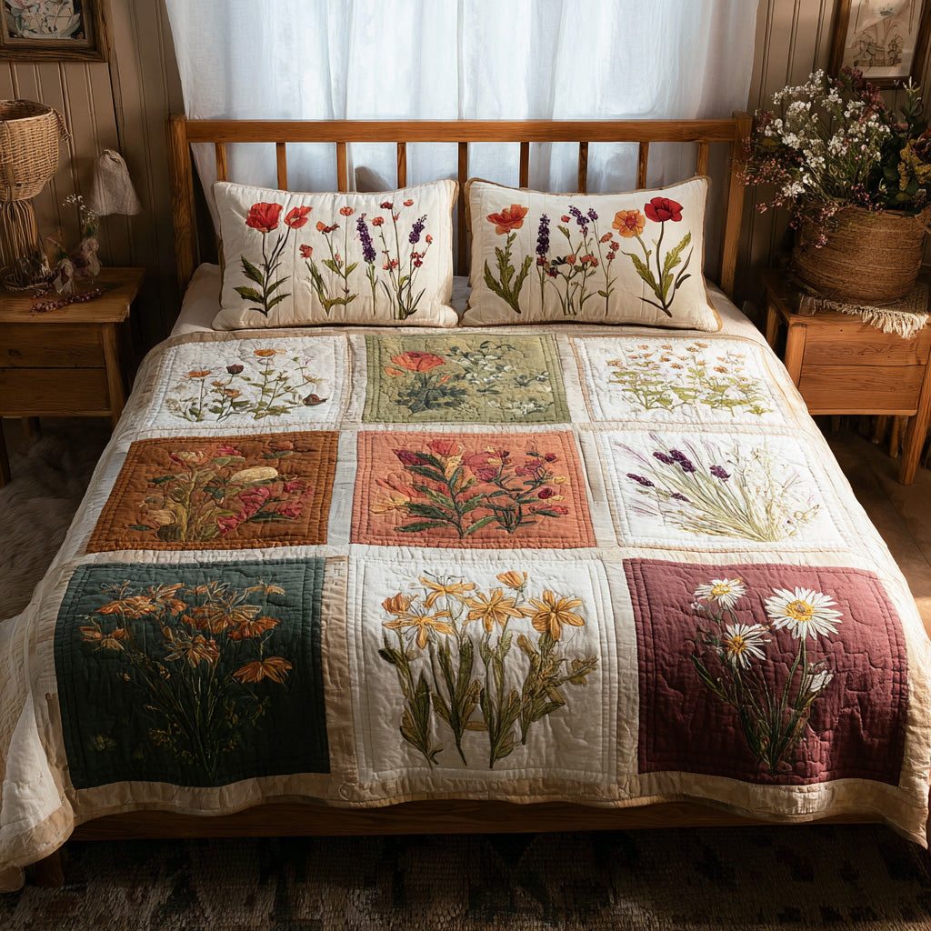Wildflower Tiles quilted 3-piece bedding set on a made bed with two matching pillow shams
