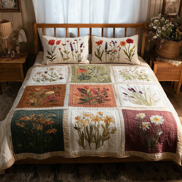 Wildflower Tiles quilted 3-piece bedding set on a made bed with two matching pillow shams