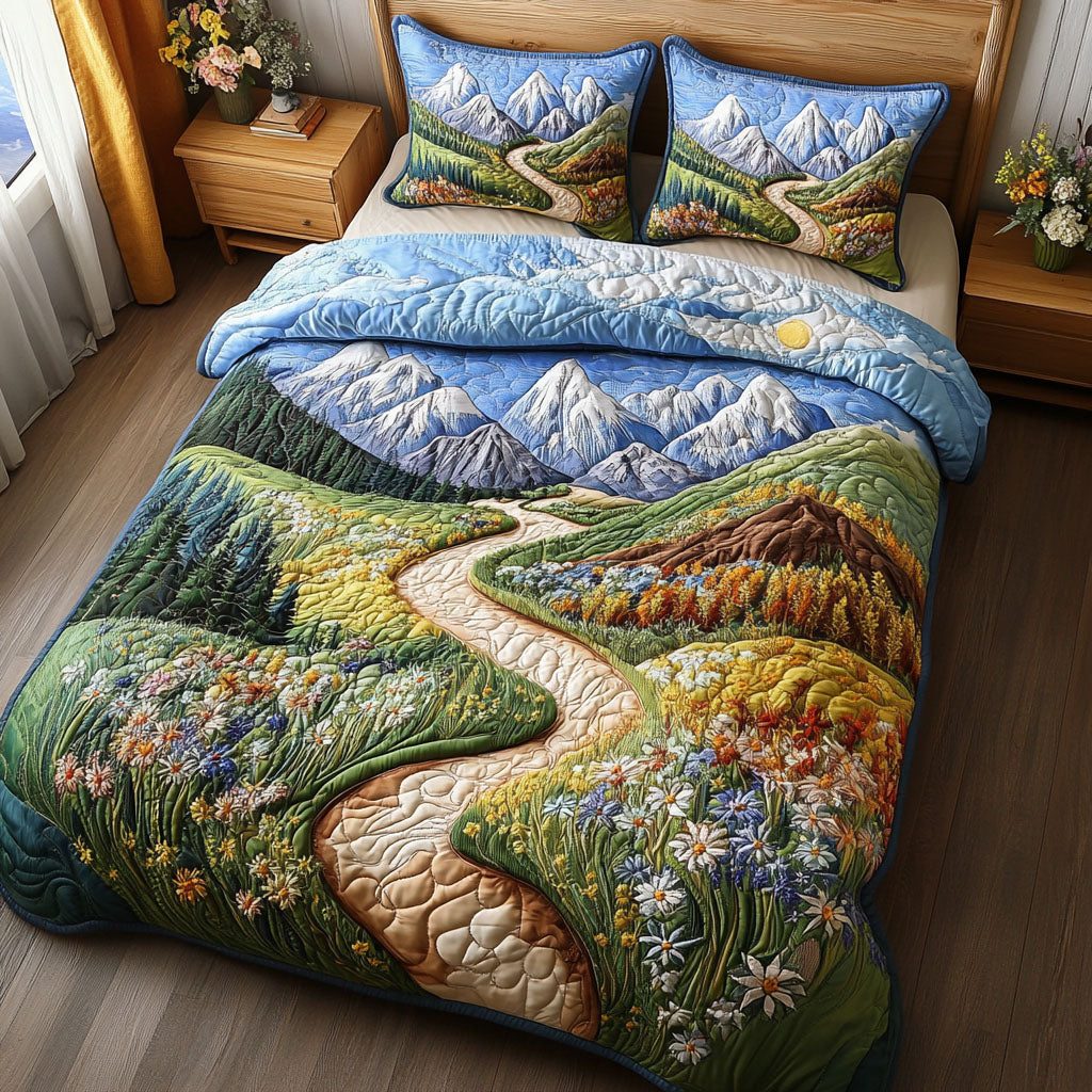 Wildflower Trail quilted 3-piece bedding set on a made bed with two matching pillow shams