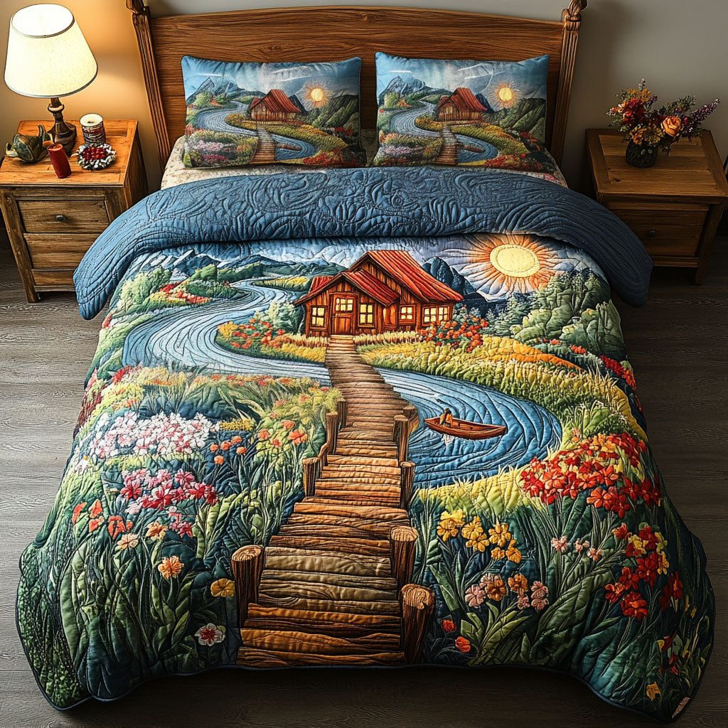 Wildflower Trail quilted 3-piece bedding set on a made bed with two matching pillow shams