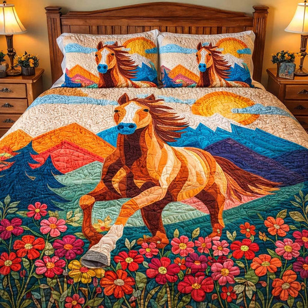 Wildflower Valley Horse quilted 3-piece bedding set on a made bed in a rustic timber bedroom