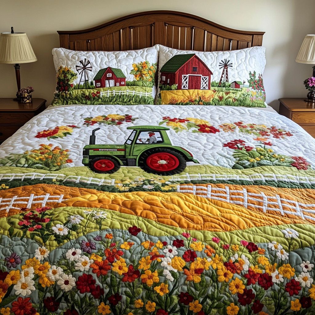 Wildflower Valley quilted 3-piece bedding set on a made bed with two matching pillow shams