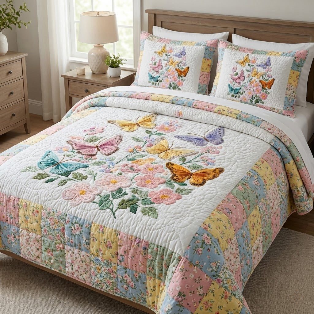 Wildflower Waltz quilted 3-piece bedding set on a made bed with two matching pillow shams