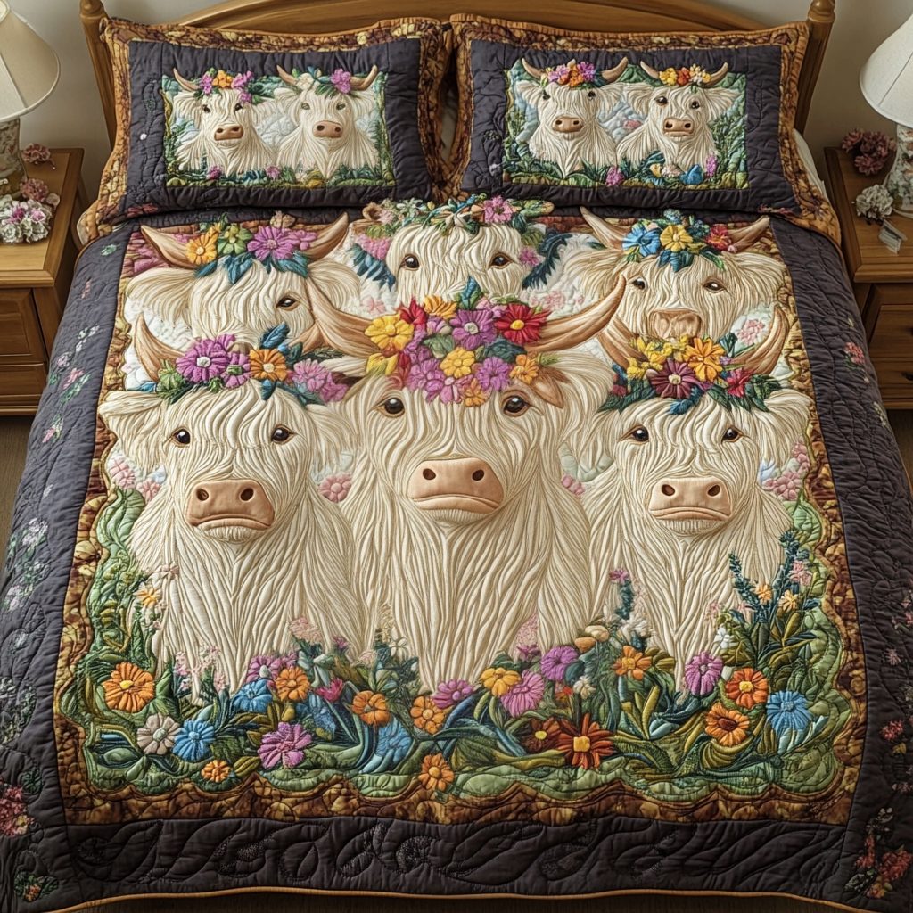 Wildflower Wanderers quilted 3-piece bedding set on a made bed with two matching pillow shams