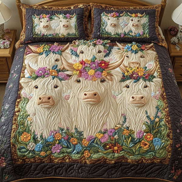 Wildflower Wanderers quilted 3-piece bedding set on a made bed with two matching pillow shams