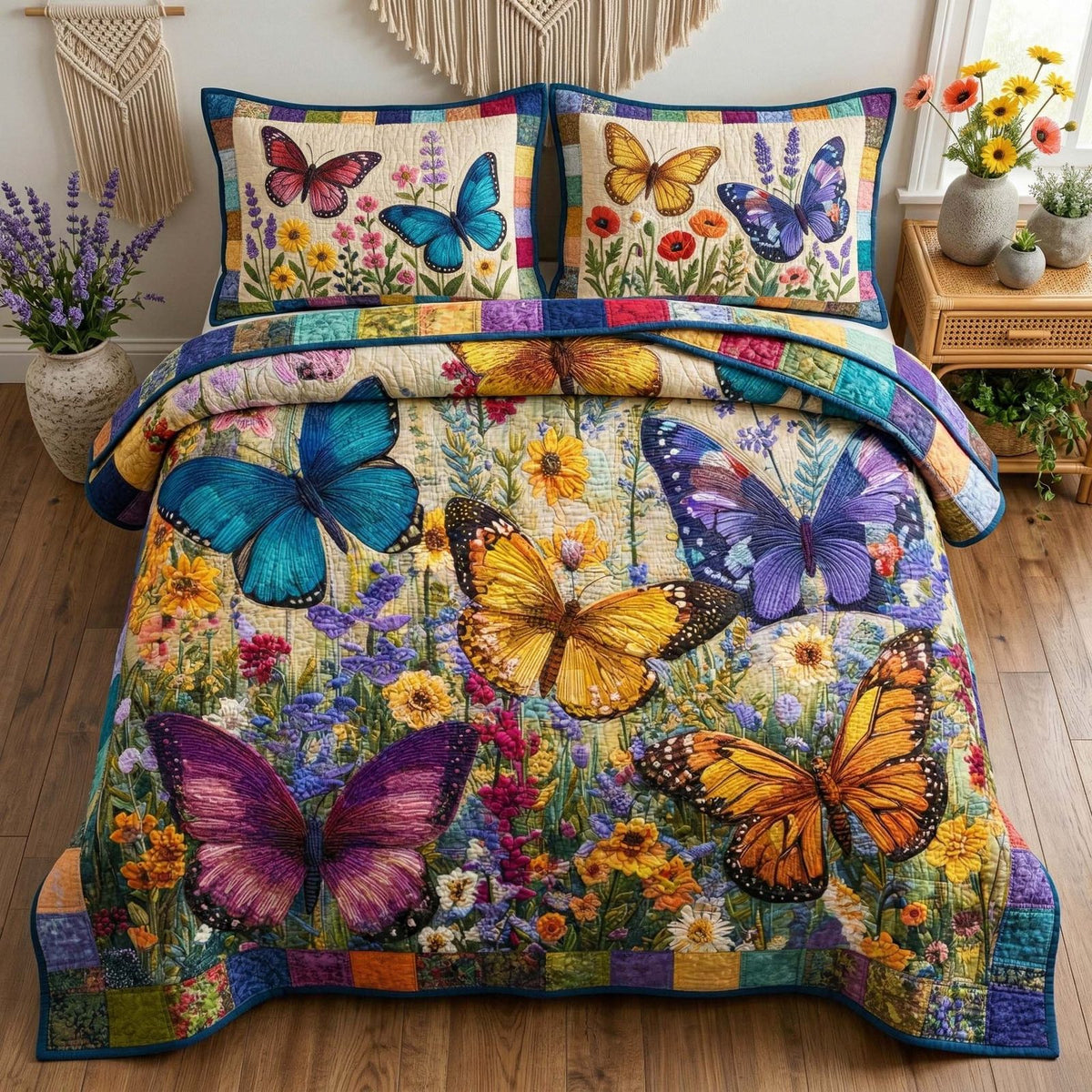 Wildflower Wings quilted 3-piece bedding set on a made bed with two matching pillow shams