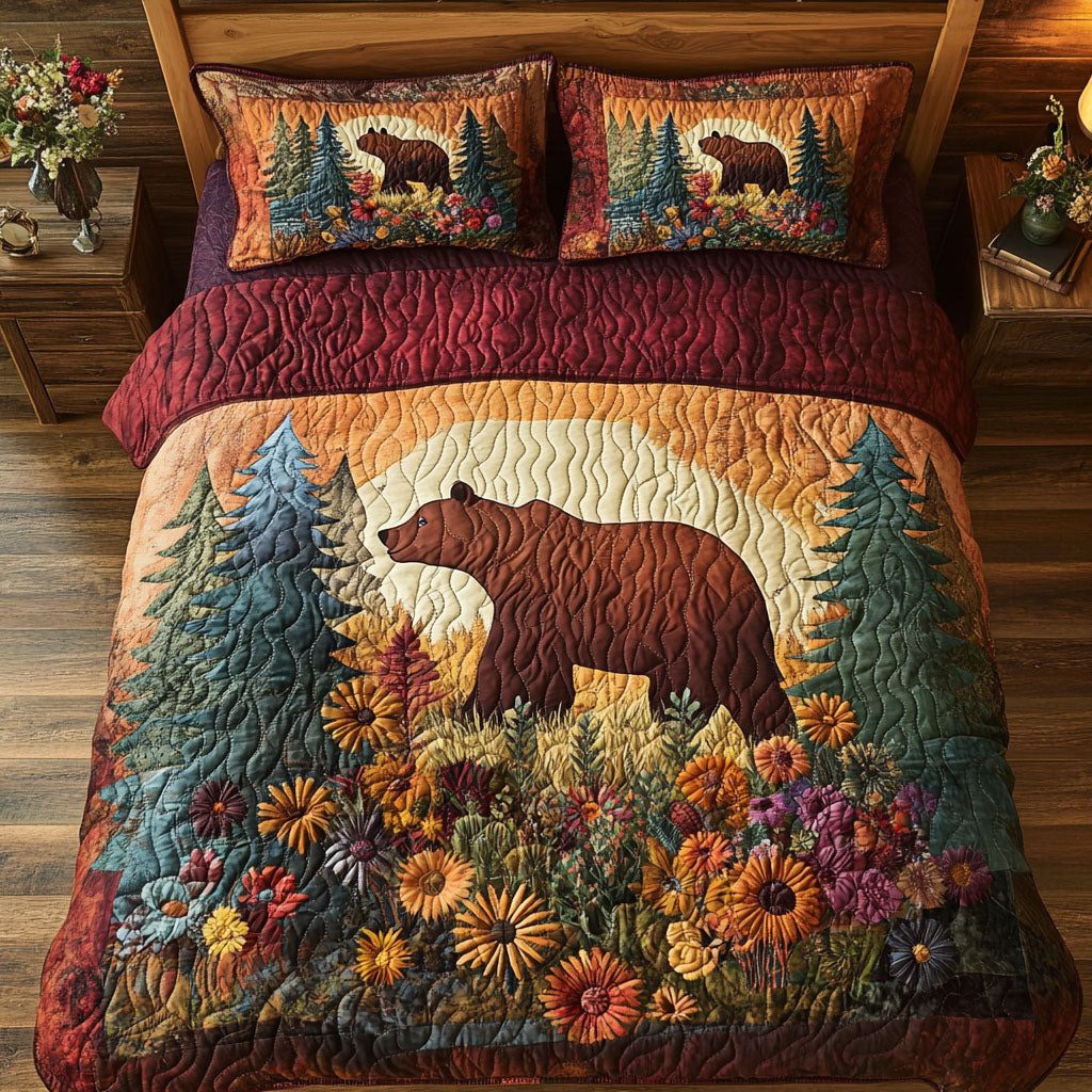 Wildflower Woods quilted 3-piece bedding set on a made bed with two matching pillow shams