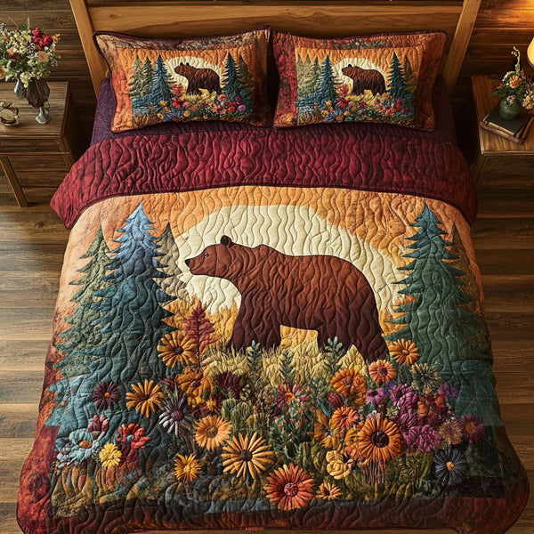Wildflower Woods quilted 3-piece bedding set on a made bed with two matching pillow shams