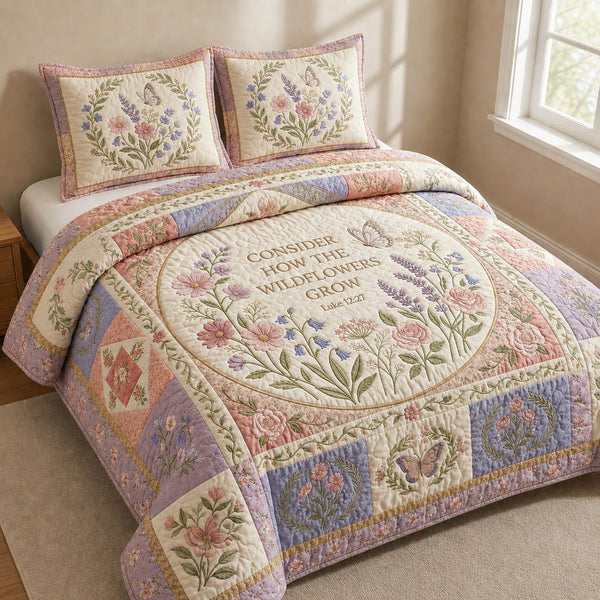 Wildflowers Luke 12 27 quilted 3-piece bedding set on a made bed with two matching pillow shams