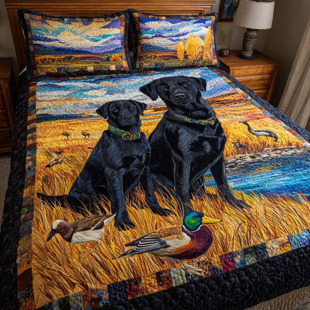 Wildfowl Lab quilted 3-piece bedding set on a made bed with two matching pillow shams