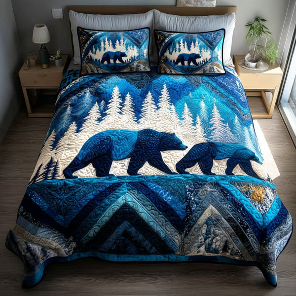 Wildgrain Bear quilted 3-piece bedding set on a made bed with two matching pillow shams