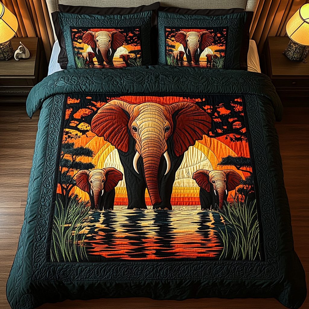 Wildlands Wanderer quilted 3-piece bedding set on a made bed with two matching pillow shams