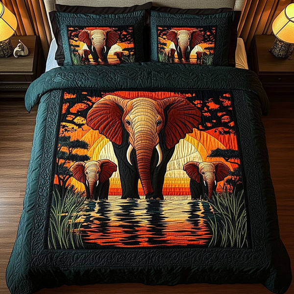 Wildlands Wanderer quilted 3-piece bedding set on a made bed with two matching pillow shams