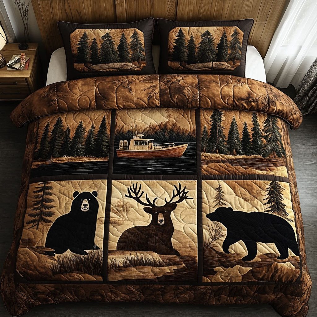 Wildlife Adventures quilted 3-piece bedding set on a made bed in a winter-styled bedroom