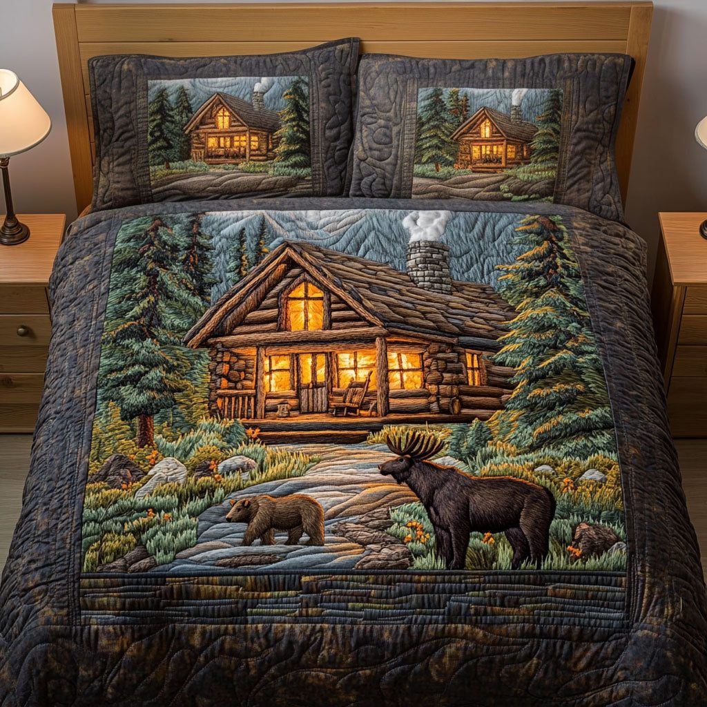 Wildlife Cabin quilted 3-piece bedding set on a made bed with two matching pillow shams
