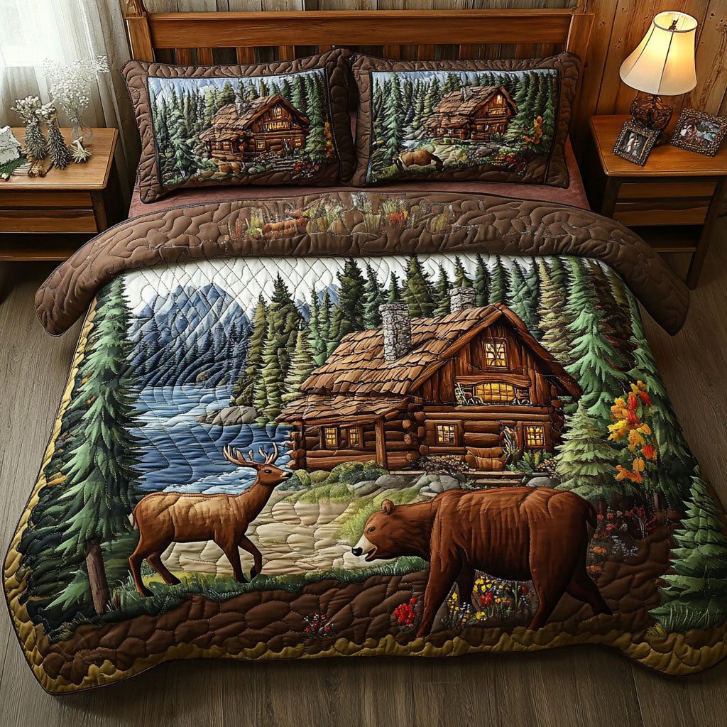 Wildlife Haven quilted 3-piece bedding set on a made bed with two matching pillow shams