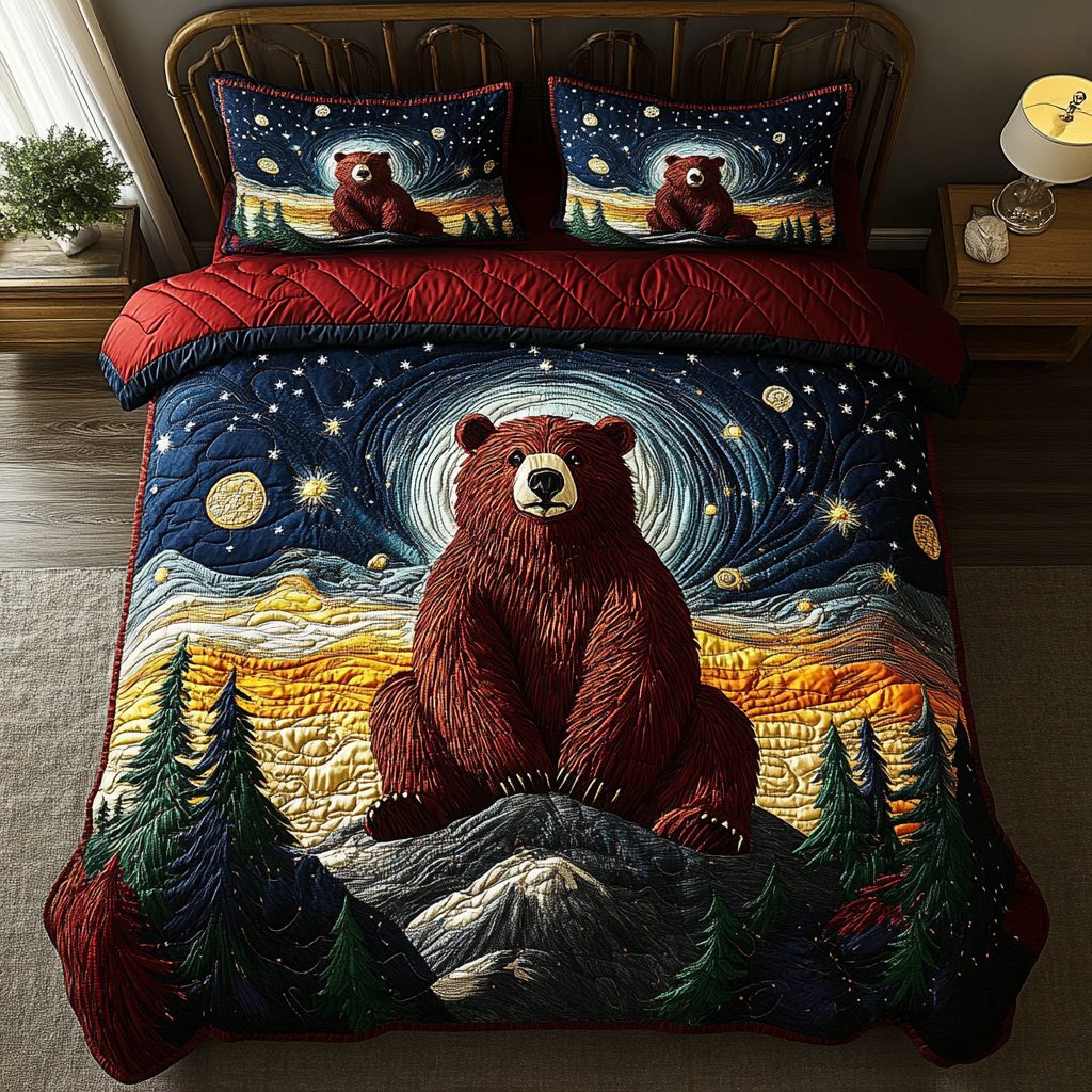 Wildwood Bear quilted 3-piece bedding set on a made bed with two matching pillow shams