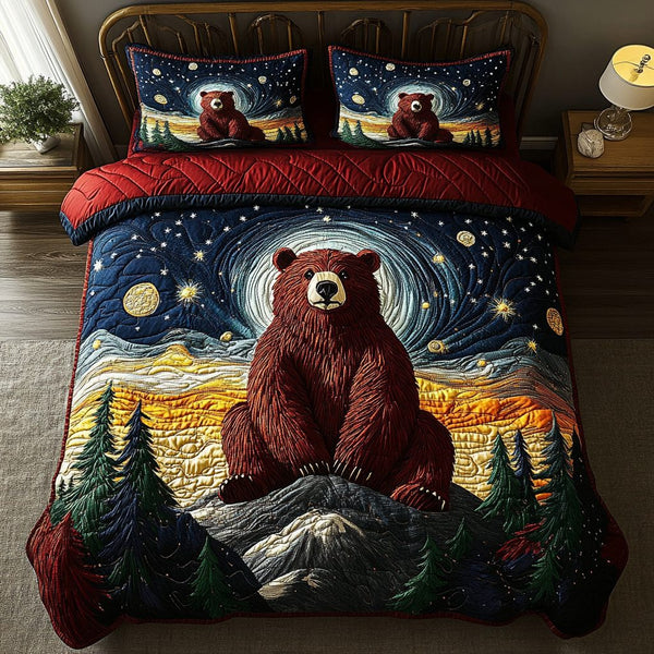 Wildwood Bear quilted 3-piece bedding set on a made bed with two matching pillow shams