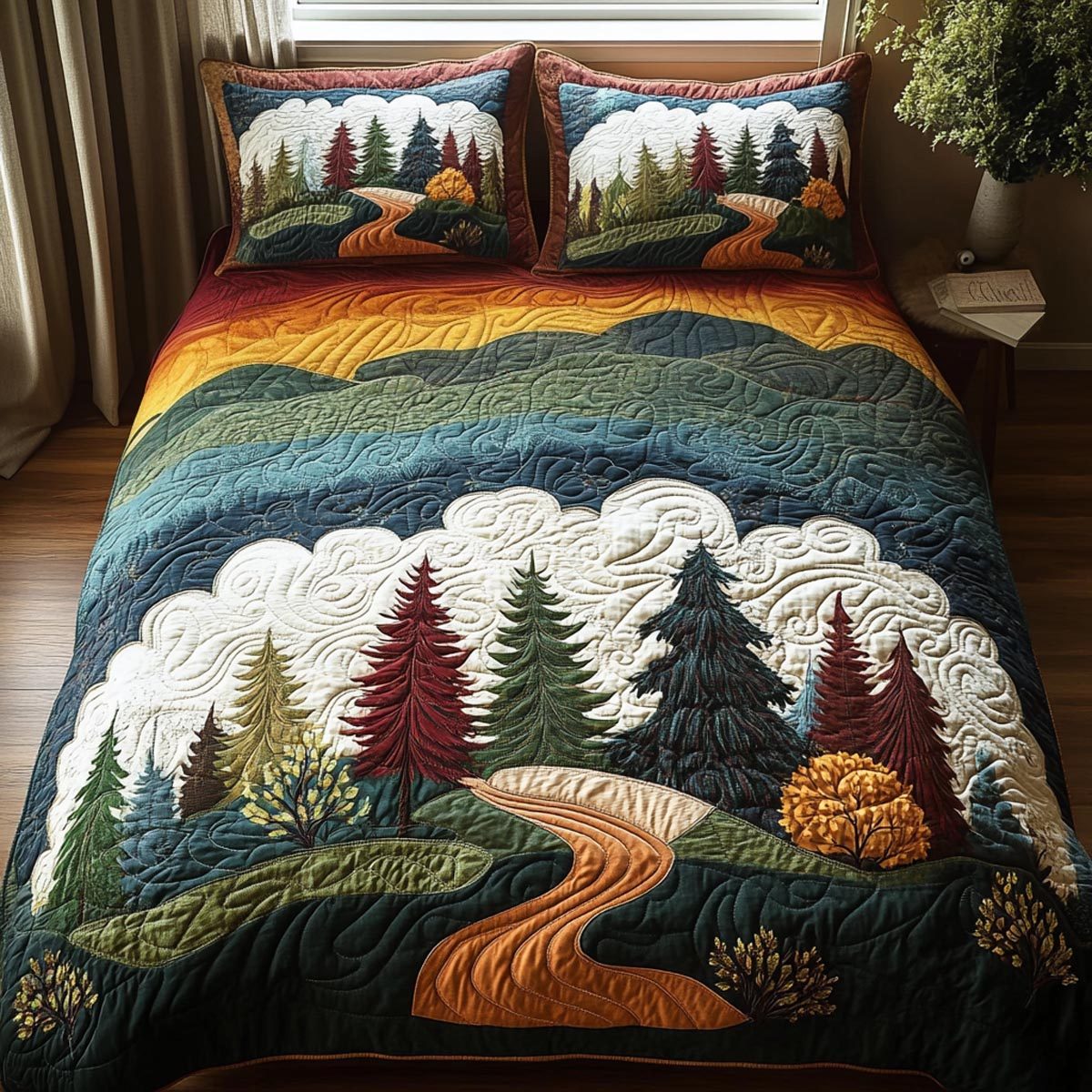 Wildwood Calm quilted 3-piece bedding set on a made bed with two matching pillow shams