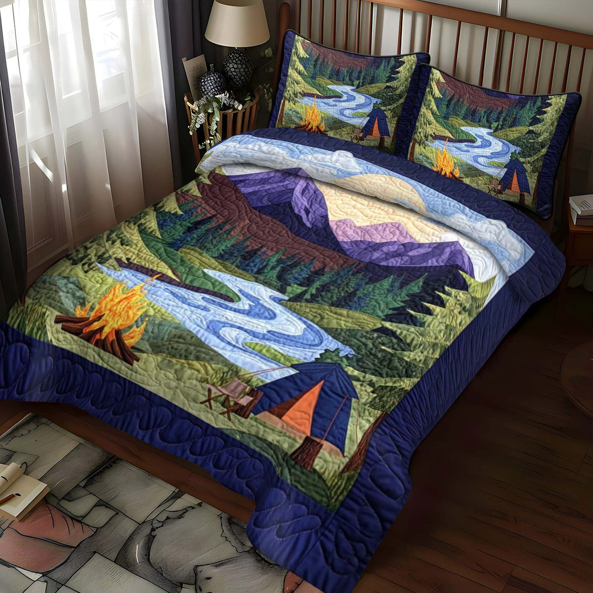 Wildwood Camp quilted 3-piece bedding set on a made bed with two matching pillow shams