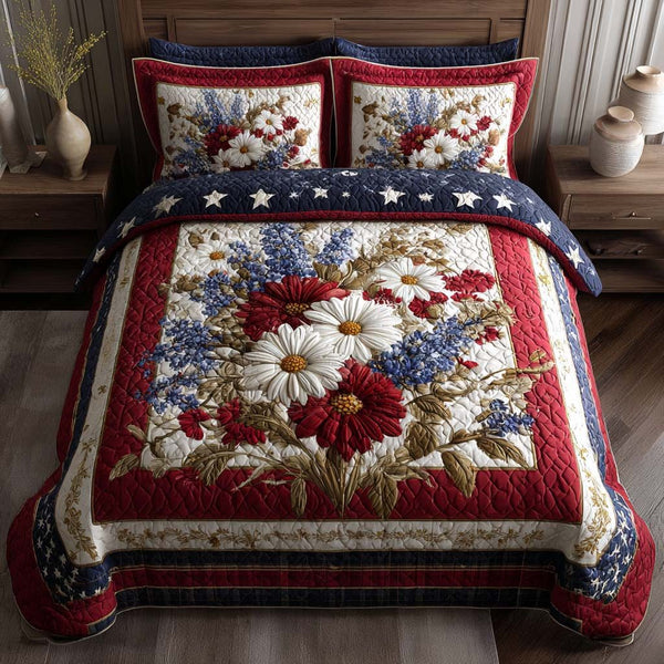 Wildwood Charm quilted 3-piece bedding set on a made bed with two matching pillow shams