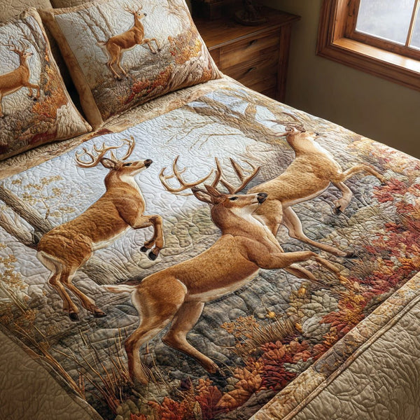 Wildwood Deer quilted 3-piece bedding set on a made bed with two matching pillow shams