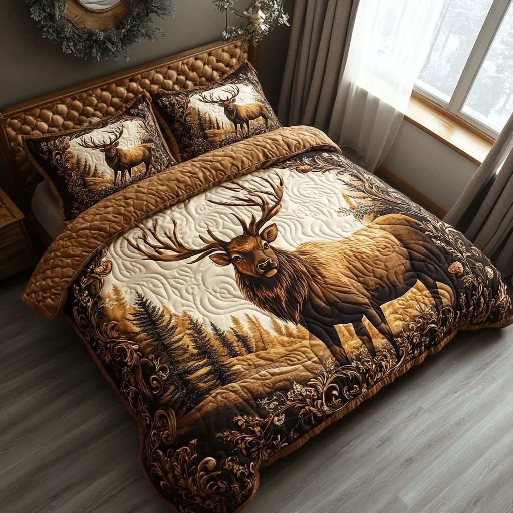 Wildwood Elegance quilted 3-piece bedding set on a made bed with two matching pillow shams