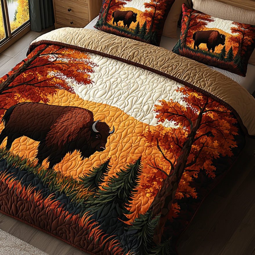 Wildwood Peace quilted 3-piece bedding set on a made bed with two matching pillow shams