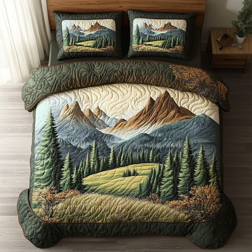 Wildwood Scene quilted 3-piece bedding set on a made bed with two matching pillow shams