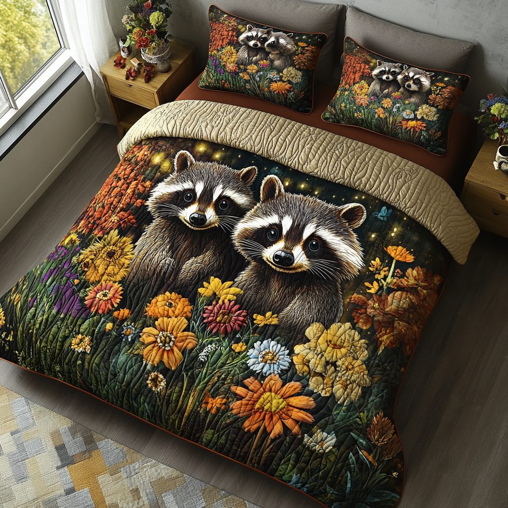 Wildwood Wanderer quilted 3-piece bedding set on a made bed with two matching pillow shams