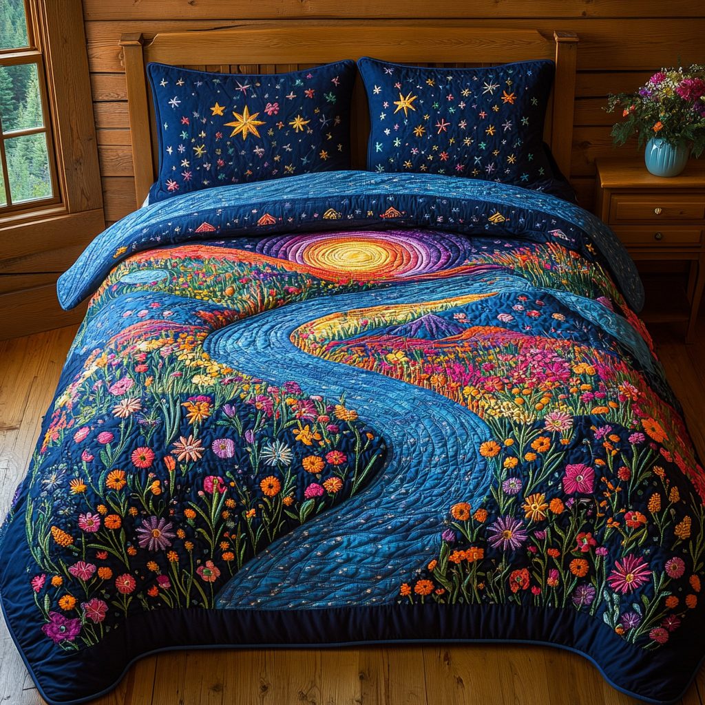 Wilflower Night quilted 3-piece bedding set on a made bed with two matching pillow shams