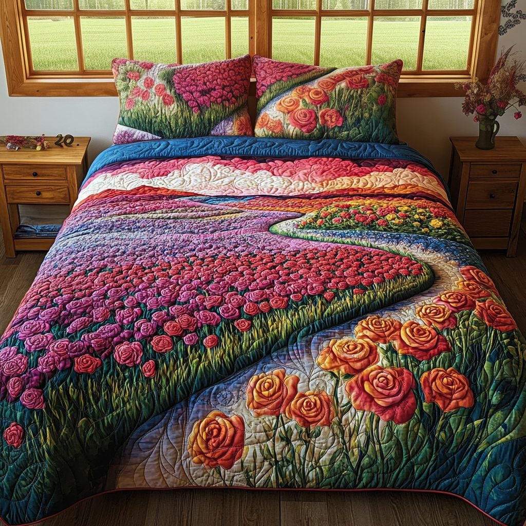 Wilflower Rose Path quilted 3-piece bedding set on a made bed with two matching pillow shams