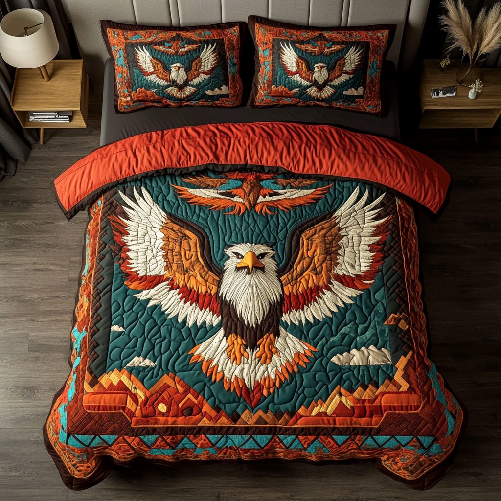 Wind Guardian quilted 3-piece bedding set on a made bed with two matching pillow shams