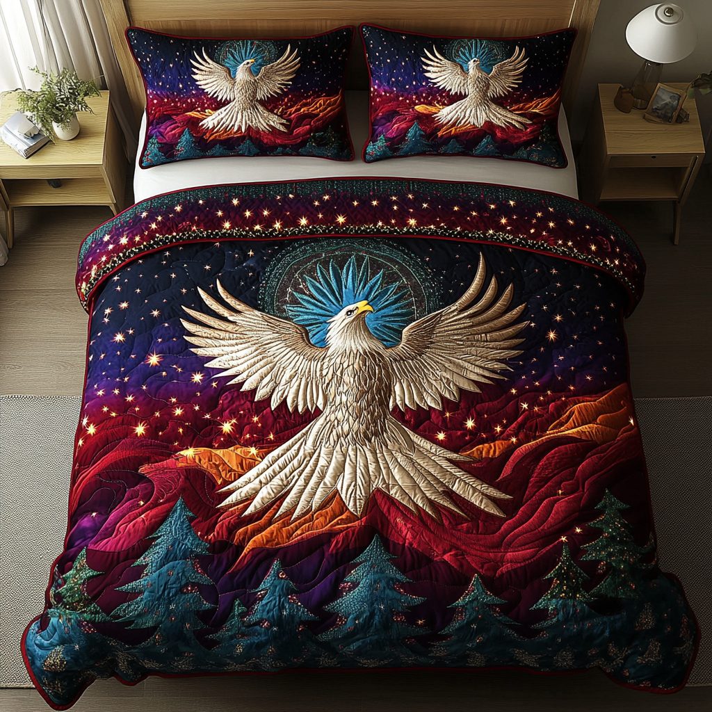 Wind Hunter quilted 3-piece bedding set on a made bed with two matching pillow shams