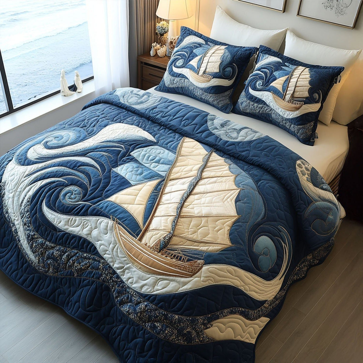Wind in the Sails quilted 3-piece bedding set on a made bed with two matching pillow shams
