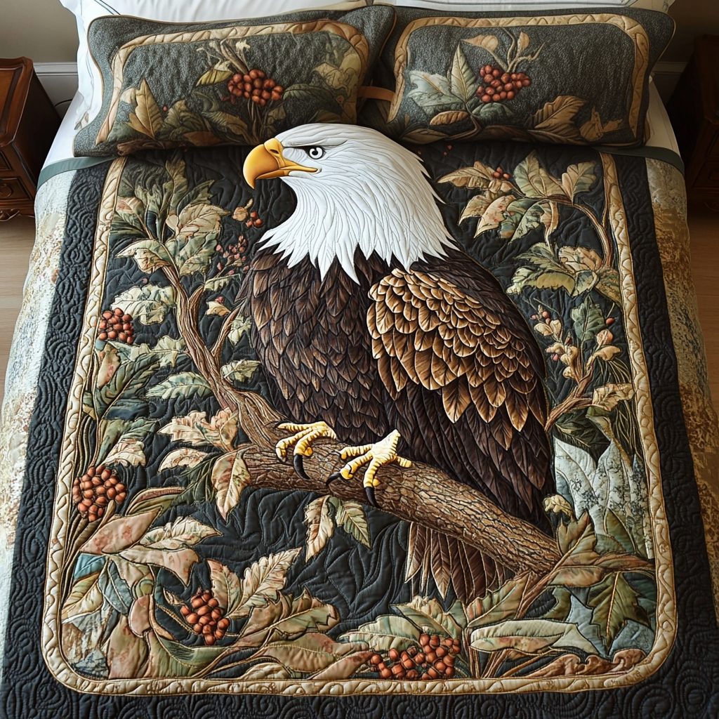Wind Soar quilted 3-piece bedding set on a made bed with two matching pillow shams