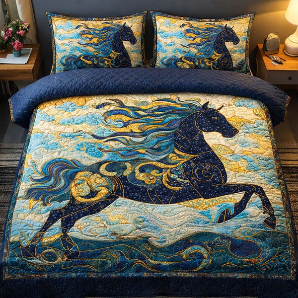 Wind Stallion quilted 3-piece bedding set on a made bed in a rustic timber bedroom