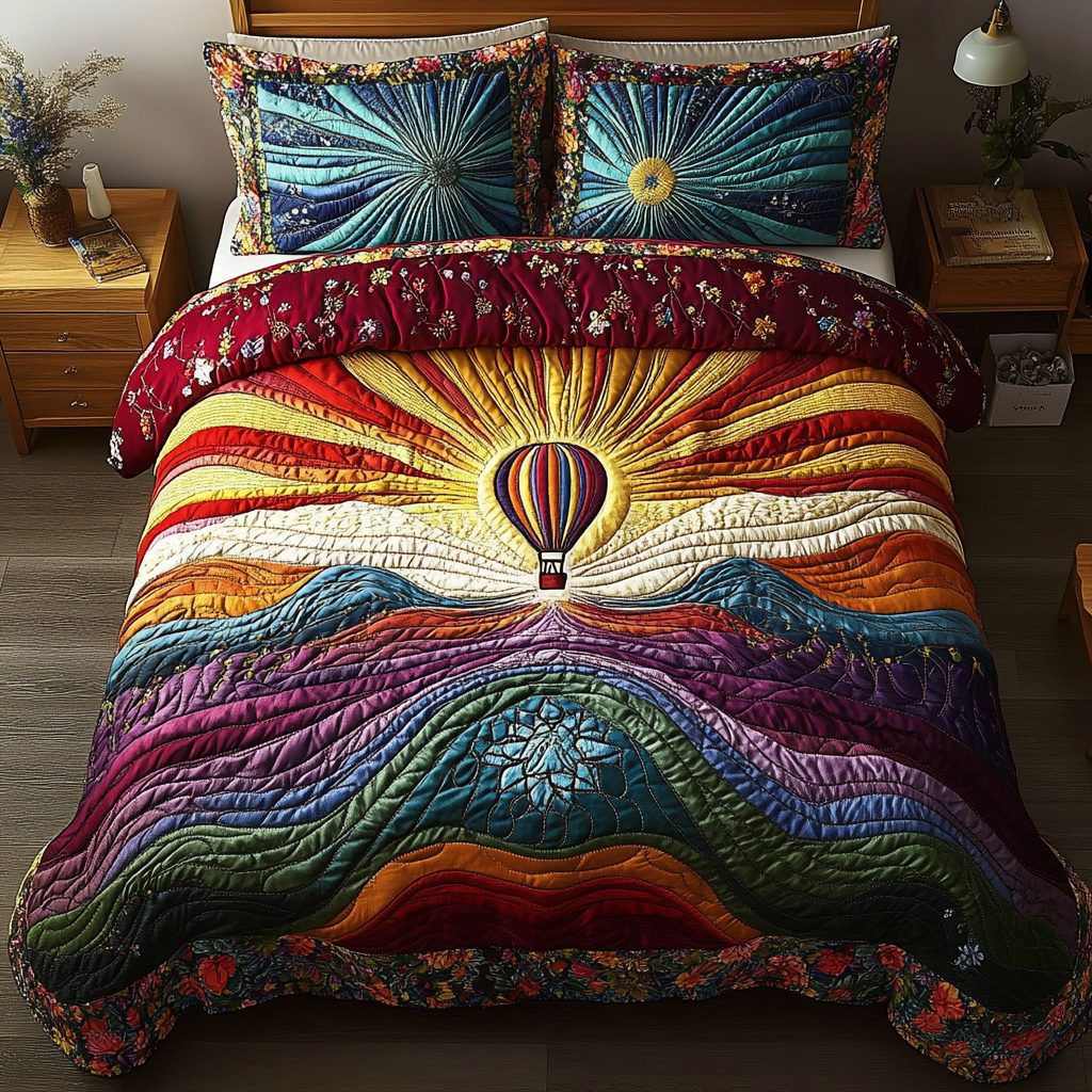 Windborne Adventure quilted 3-piece bedding set on a made bed in a winter-styled bedroom