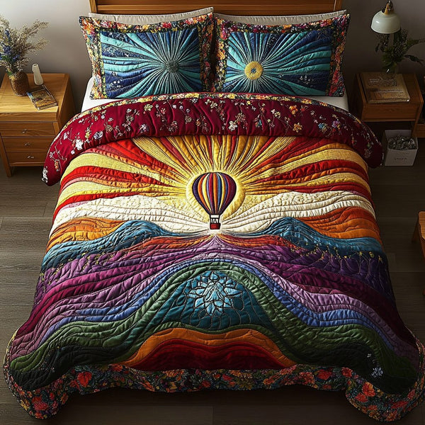 Windborne Adventure quilted 3-piece bedding set on a made bed in a winter-styled bedroom